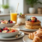 5 Easy Sweet Breakfast Recipes for Busy Mornings 12 Easy sweet breakfast recipes with fresh fruit bowls, pancakes topped with berries and syrup, croissants, and a smoothie on a cozy kitchen table