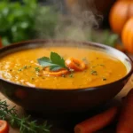 Steaming bowl of homemade Jamaican soup garnished with herbs, surrounded by fresh carrots and pumpkins on a rustic wooden table