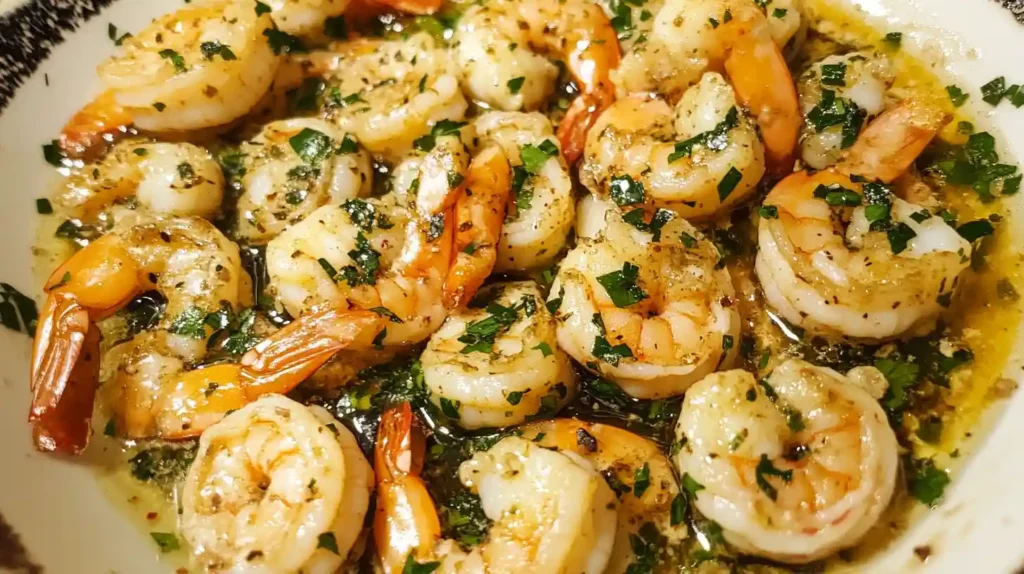 The Secret to Perfect Shrimp with Garlic Sauce in 20 Minutes or Less 1 Close-up of shrimp with garlic sauce served in a white plate, garnished with chopped parsley and bathed in a buttery garlic herb sauce.