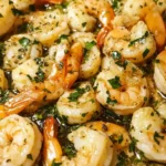 Close-up of shrimp with garlic sauce served in a white plate, garnished with chopped parsley and bathed in a buttery garlic herb sauce.