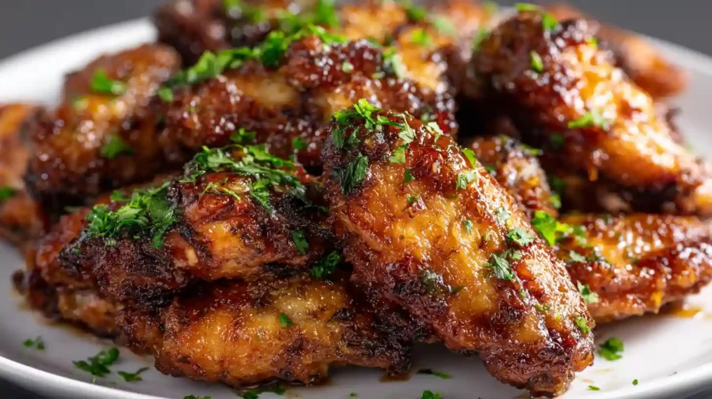 Chicken Wings With Garlic Sauce Chinese For Easy Indulgence 1 Close-up of crispy golden-brown chicken wings glistening with a thick, savory garlic sauce.