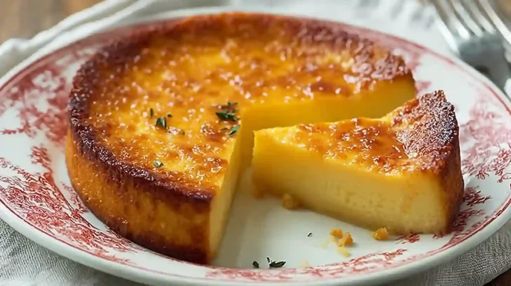 Cuban Flan Recipe Delightful, Rich, and Easy to Make 1 Classic Cuban flan recipe served on a decorative plate with a golden caramelized top and a single slice cut out