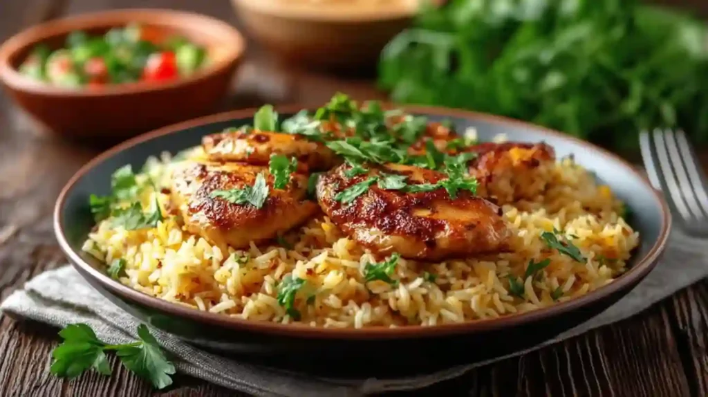 Lebanese Chicken and Rice: How to Master the Authentic 7 Spice Blend 1 Plate of Lebanese chicken and rice topped with golden seared chicken thighs and fresh parsley, served with salad and hummus in the background