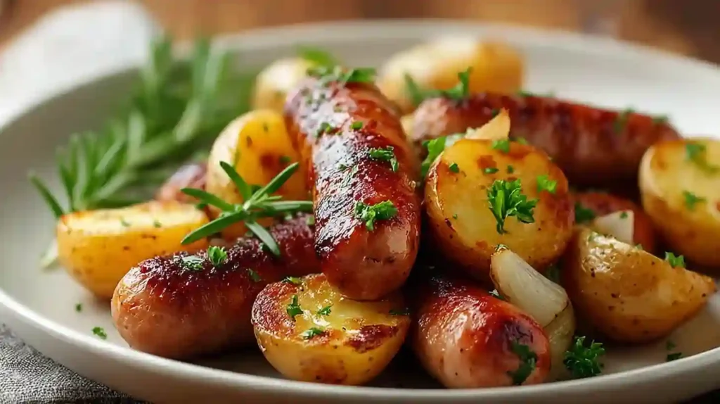 Why Potato and Sausage Dishes Are the Ultimate Comfort Food (+ 3 Easy Recipes) 1 Roasted potato and sausage dish with golden baby potatoes, seared sausages, caramelized onions, and fresh herbs on a white plate