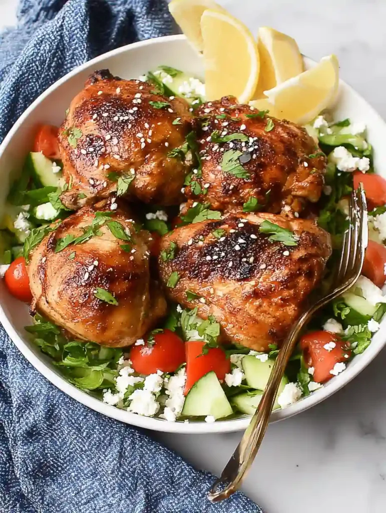 Air Fryer Mediterranean Chicken 5 Air Fryer Mediterranean Chicken served over a fresh Greek salad with feta, cucumbers, and lemon wedges