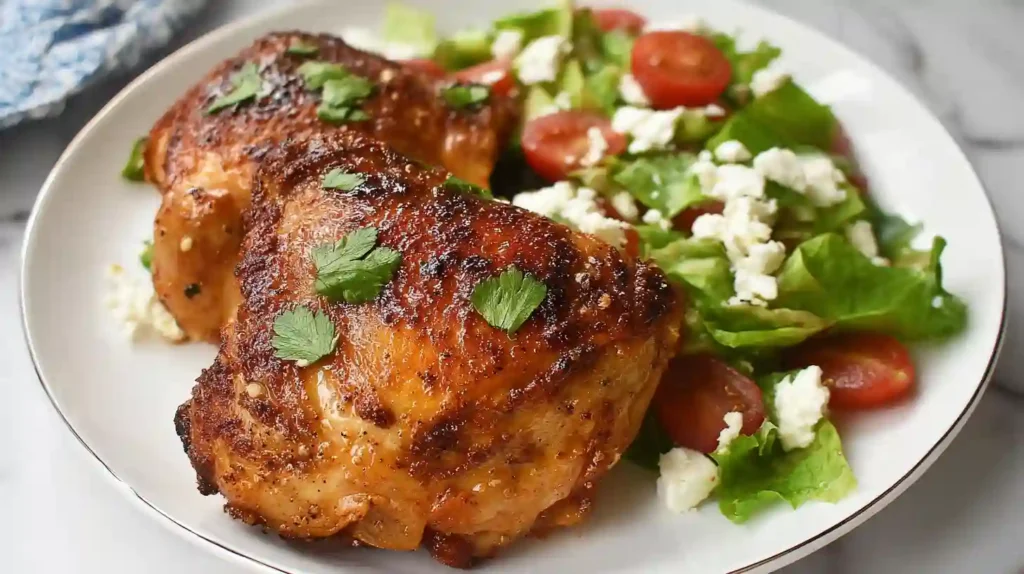 Air Fryer Mediterranean Chicken thighs plated with cherry tomato, lettuce, and feta salad