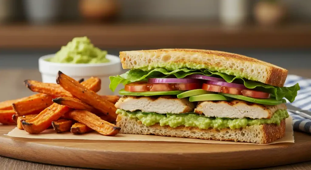 Chicken Avocado Sandwich with grilled chicken, creamy avocado, fresh vegetables, and toasted sourdough bread, served with sweet potato fries.