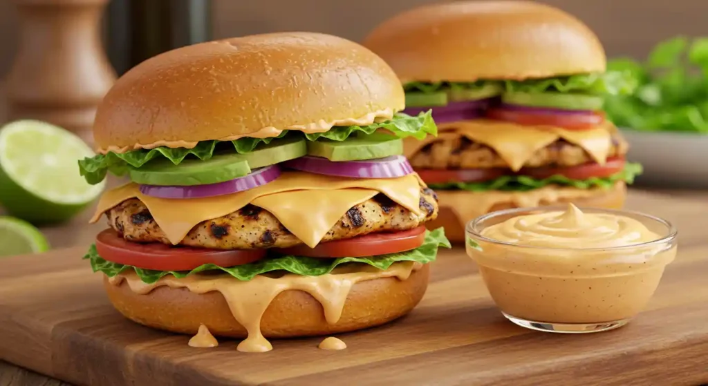 Close-up of a chipotle chicken sandwich cut in half, showing layers of grilled chicken, melted pepper jack cheese, lettuce, tomato, red onion, and avocado on a toasted brioche bun with chipotle sauce dripping down.