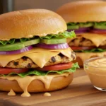 Epic Chipotle Chicken Sandwich Recipe (Better Than Takeout!) 12 Close-up of a chipotle chicken sandwich cut in half, showing layers of grilled chicken, melted pepper jack cheese, lettuce, tomato, red onion, and avocado on a toasted brioche bun with chipotle sauce dripping down.