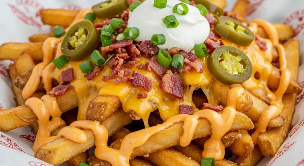 Loaded French Fries Recipe topped with cheese, bacon, sour cream, and green onions.