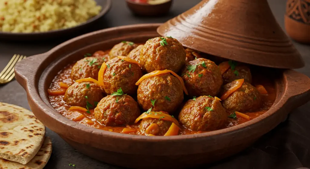 A steaming Moroccan Meatball Tagine served in a traditional clay pot, with tender meatballs in a rich tomato sauce, garnished with fresh herbs.