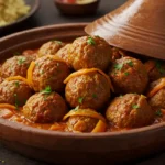 A steaming Moroccan Meatball Tagine served in a traditional clay pot, with tender meatballs in a rich tomato sauce, garnished with fresh herbs.