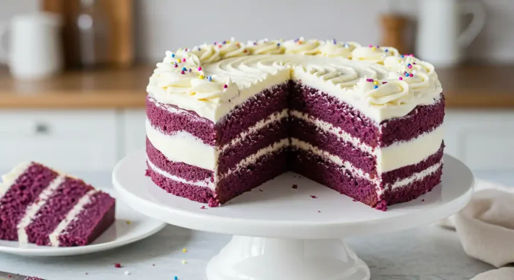 A moist and fluffy Purple Velvet Cake with vibrant purple layers, topped with smooth cream cheese frosting, elegantly displayed on a white cake stand.