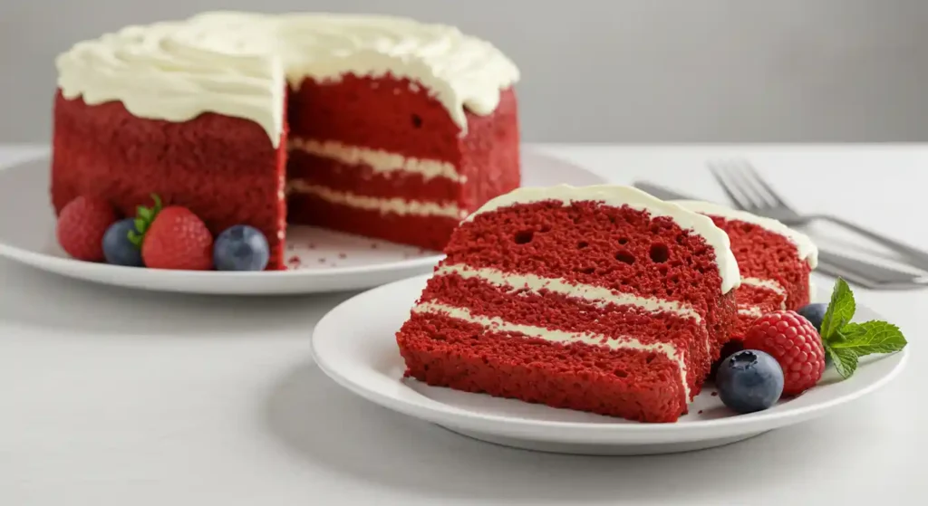 A slice of Red Velvet Pound Cake with cream cheese frosting, fresh berries, and mint, displayed on a white plate with soft lighting highlighting its texture and vibrant red color.