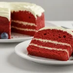 A slice of Red Velvet Pound Cake with cream cheese frosting, fresh berries, and mint, displayed on a white plate with soft lighting highlighting its texture and vibrant red color.