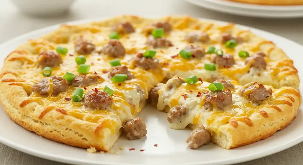 A freshly baked Sausage Gravy Breakfast Pizza with a golden, flaky biscuit crust, topped with creamy sausage gravy, melted cheddar cheese, cooked sausage crumbles, and garnished with chopped green onions and red pepper flakes, served on a white plate.
