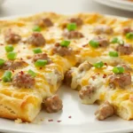 A freshly baked Sausage Gravy Breakfast Pizza with a golden, flaky biscuit crust, topped with creamy sausage gravy, melted cheddar cheese, cooked sausage crumbles, and garnished with chopped green onions and red pepper flakes, served on a white plate.