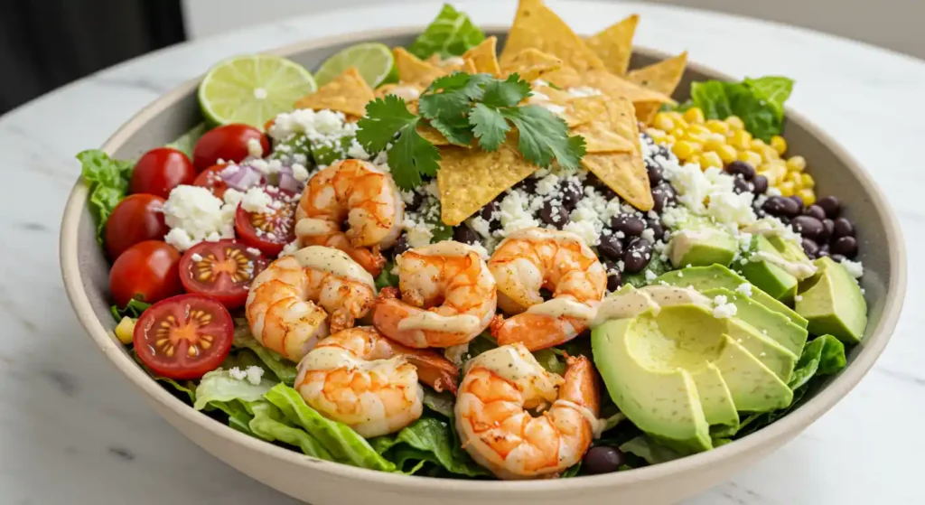 A vibrant and delicious Shrimp Taco Salad served in a bowl, topped with juicy shrimp, crispy tortilla chips, fresh vegetables, and a creamy dressing.