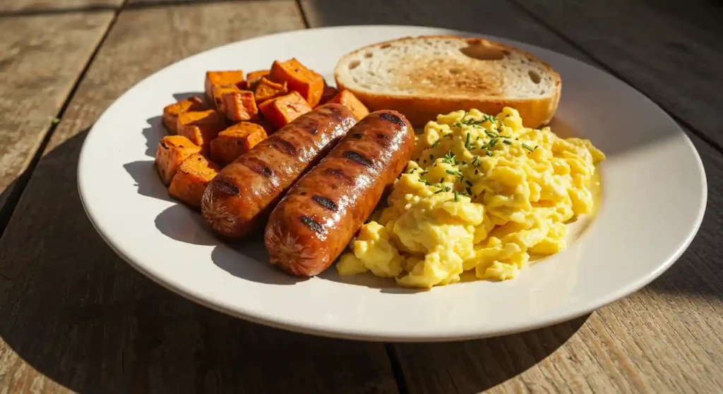 A hearty Chicken Sausage Breakfast plate featuring grilled chicken sausage, scrambled eggs, and roasted sweet potatoes on a rustic wooden table with warm morning sunlight.