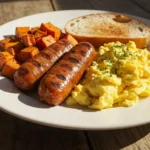 A hearty Chicken Sausage Breakfast plate featuring grilled chicken sausage, scrambled eggs, and roasted sweet potatoes on a rustic wooden table with warm morning sunlight.