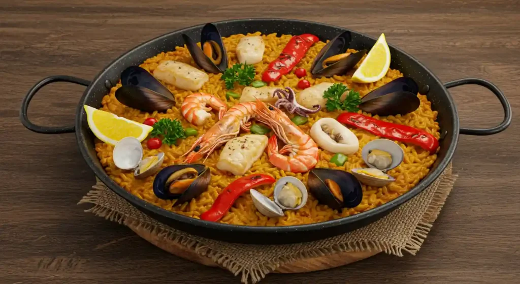 Authentic Receta de Paella de Mariscos served in a traditional paella pan with shrimp, mussels, and saffron-infused rice.