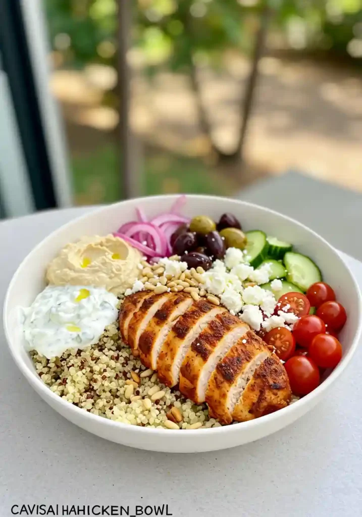 The Ultimate Cava Harissa Chicken Bowl Recipe (Customizable) 7 A fully assembled Cava Harissa Chicken Bowl with chicken, rice, quinoa, and fresh toppings.