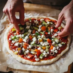 Adding colorful toppings to Mediterranean pizza recipe before baking