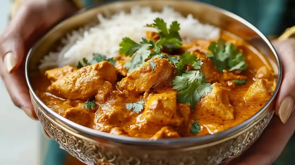 Chicken Curry Recipe Indian: Surprisingly Simple 1 Traditional chicken curry recipe Indian style served with rice and garnished with cilantro in a decorative bowl.