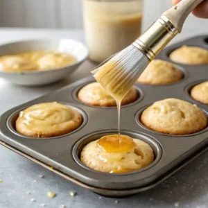Brushing melted butter on top of unbaked Cinnamon Sugar French Toast Muffins.
