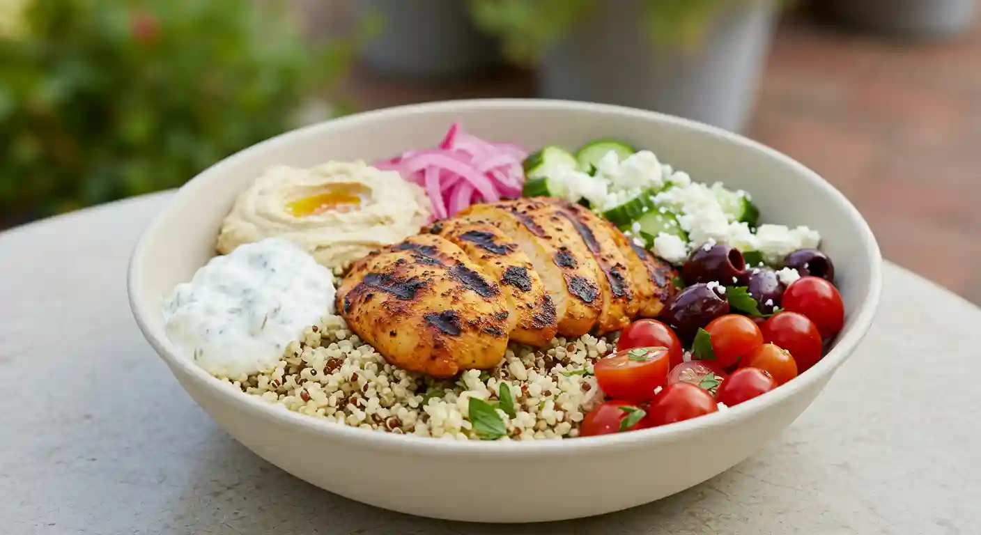 Realistic image of a Cava Harissa Chicken Bowl with grilled chicken, quinoa, rice, hummus, tzatziki, and fresh vegetables.