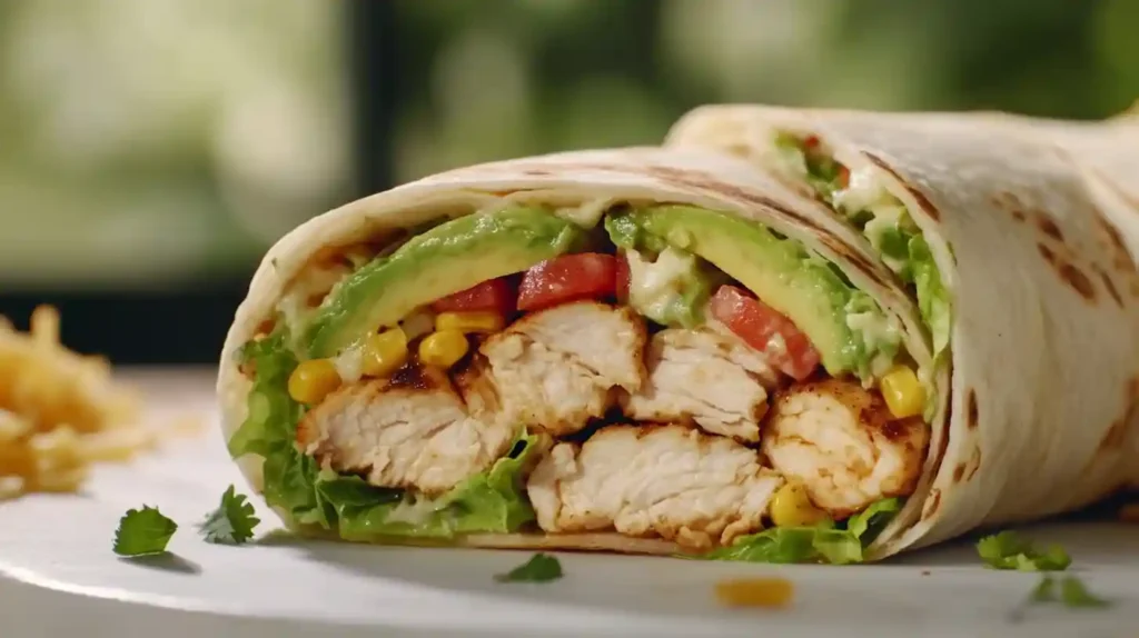 The Ultimate Chicken Avocado Ranch Burritos Recipe (Easy & Flavor-Packed!) 2 Freshly made chicken avocado ranch burritos cut in half showing layers of ingredients