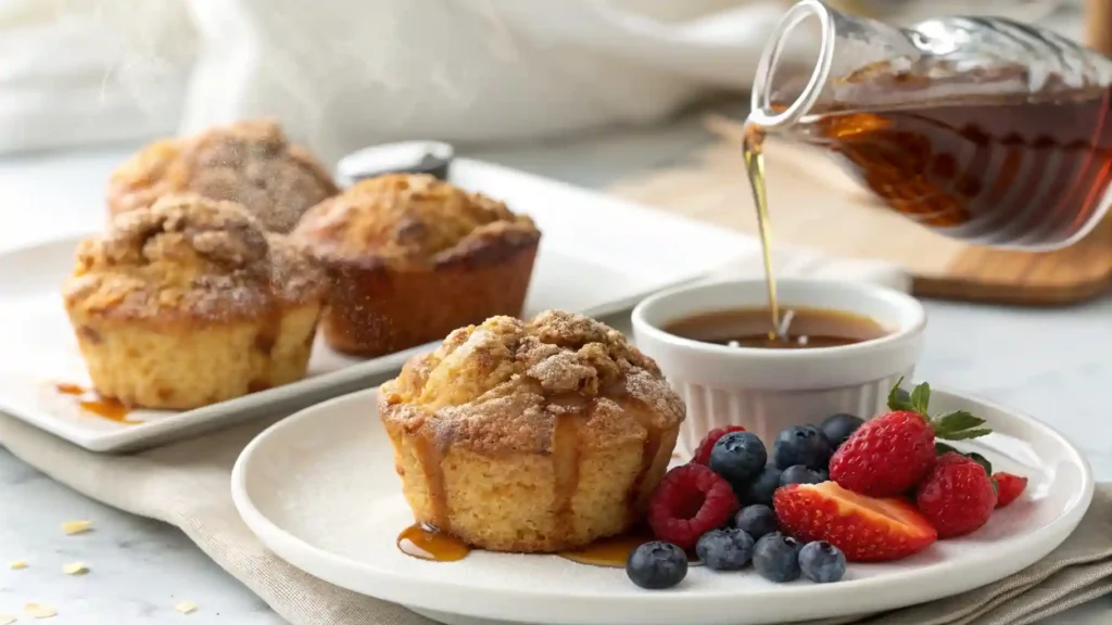 Freshly baked Cinnamon Sugar French Toast Muffins with a golden cinnamon sugar coating, served with maple syrup and fresh berries on the side, in a cozy breakfast setting with soft natural light.