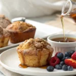 Freshly baked Cinnamon Sugar French Toast Muffins with a golden cinnamon sugar coating, served with maple syrup and fresh berries on the side, in a cozy breakfast setting with soft natural light.