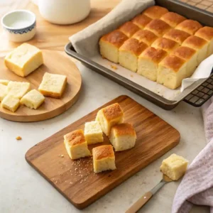 Cubed brioche bread being prepped to make Cinnamon Sugar French Toast Muffins.