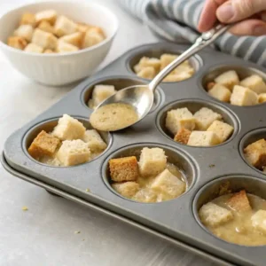 Soaked bread mixture being added to muffin cups for Cinnamon Sugar French Toast Muffins.