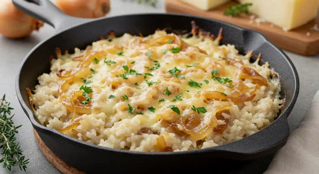 Creamy French Onion Rice Recipe with caramelized onions and melted Gruyère cheese in a cast iron skillet, garnished with fresh parsley.