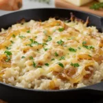 The BEST French Onion Rice Recipe (Easy & Delicious!) 21 Creamy French Onion Rice Recipe with caramelized onions and melted Gruyère cheese in a cast iron skillet, garnished with fresh parsley.