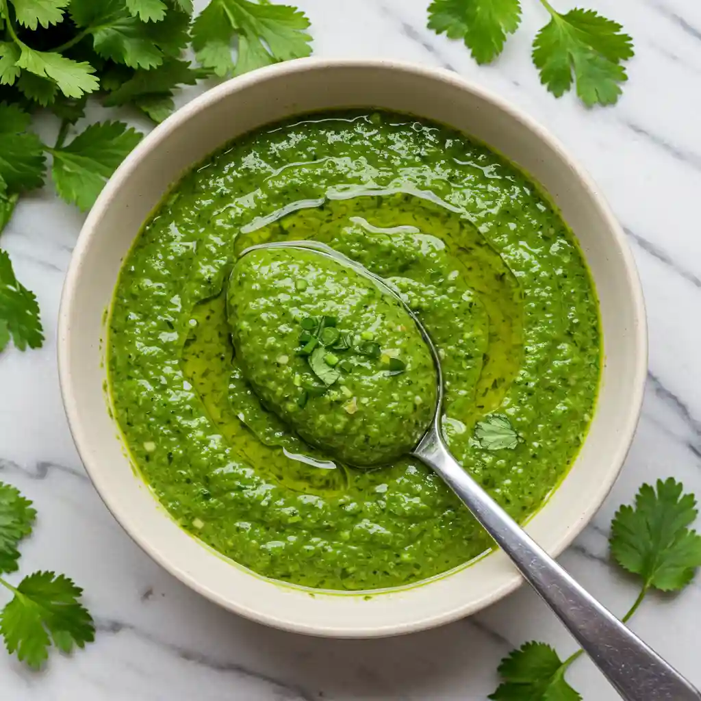 The Ultimate Cava Harissa Chicken Bowl Recipe (Customizable) 6 Green harissa sauce with fresh herbs, cilantro, and a smooth texture.