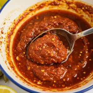 Close-up of harissa chicken marinade with spices, olive oil, and garlic.