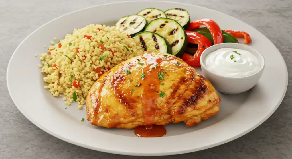 Delicious Harissa Honey Chicken served with couscous, grilled vegetables, and yogurt sauce.