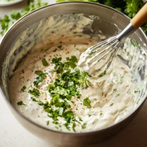 Mixing enhanced ranch dressing with herbs for chicken avocado ranch burritos
