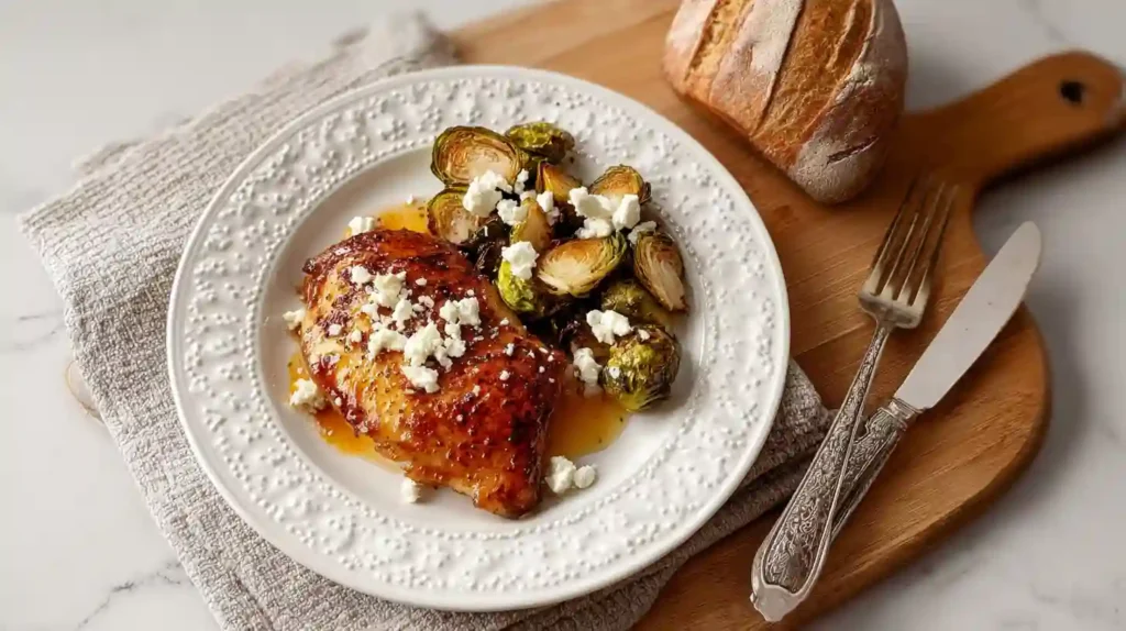 Plate of Hot Honey Feta Chicken served with roasted Brussels sprouts and crumbled feta