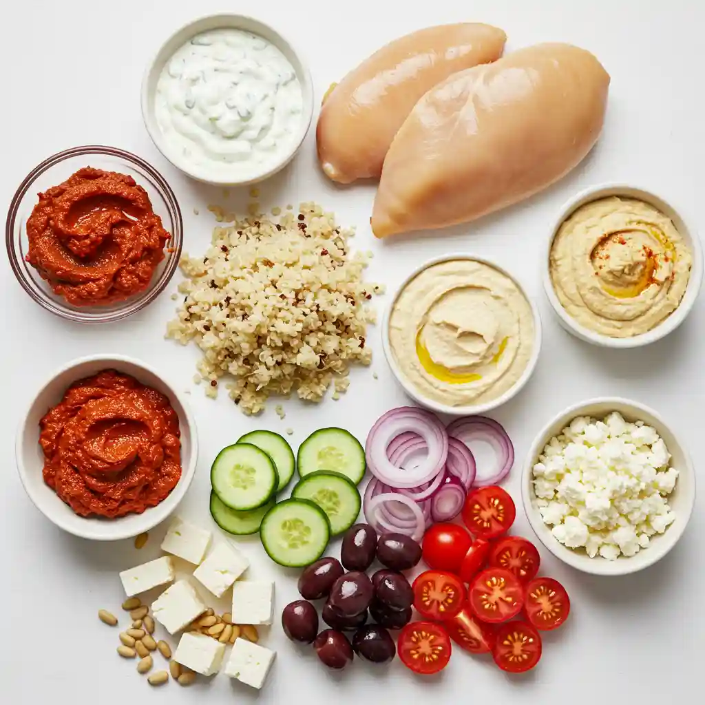 The Ultimate Cava Harissa Chicken Bowl Recipe (Customizable) 2 Fresh Mediterranean ingredients for a Cava Harissa Chicken Bowl: harissa paste, chicken, rice, quinoa, tzatziki, hummus, feta, vegetables, and nuts.