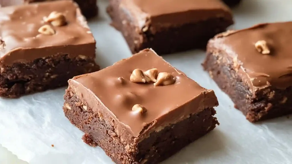 The BEST Lunch Lady Brownies Recipe: Fudgy, Easy & Irresistible! 1 Fudgy Lunch Lady Brownies topped with smooth chocolate frosting and chocolate chips.