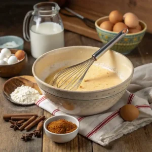 Custard mixture being whisked for Cinnamon Sugar French Toast Muffins.