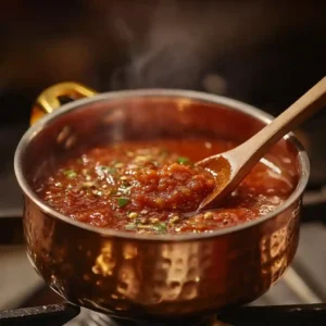 Homemade tomato sauce simmering for Mediterranean pizza recipe with herbs and spices