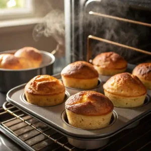 Cinnamon Sugar French Toast Muffins baking until golden and set in the oven.