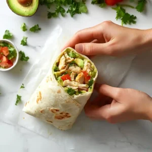 Hands demonstrating how to roll chicken avocado ranch burritos