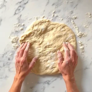 Hands kneading elastic dough for Mediterranean pizza recipe on floured surface