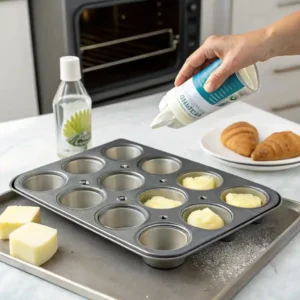 Preparing the muffin tin for baking Cinnamon Sugar French Toast Muffins.